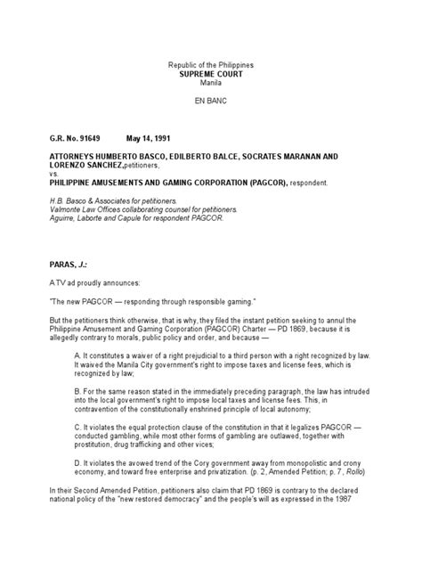 basco v pagcor|Amor Legis: Basco vs. PAGCOR (G.R. No. 91649) .